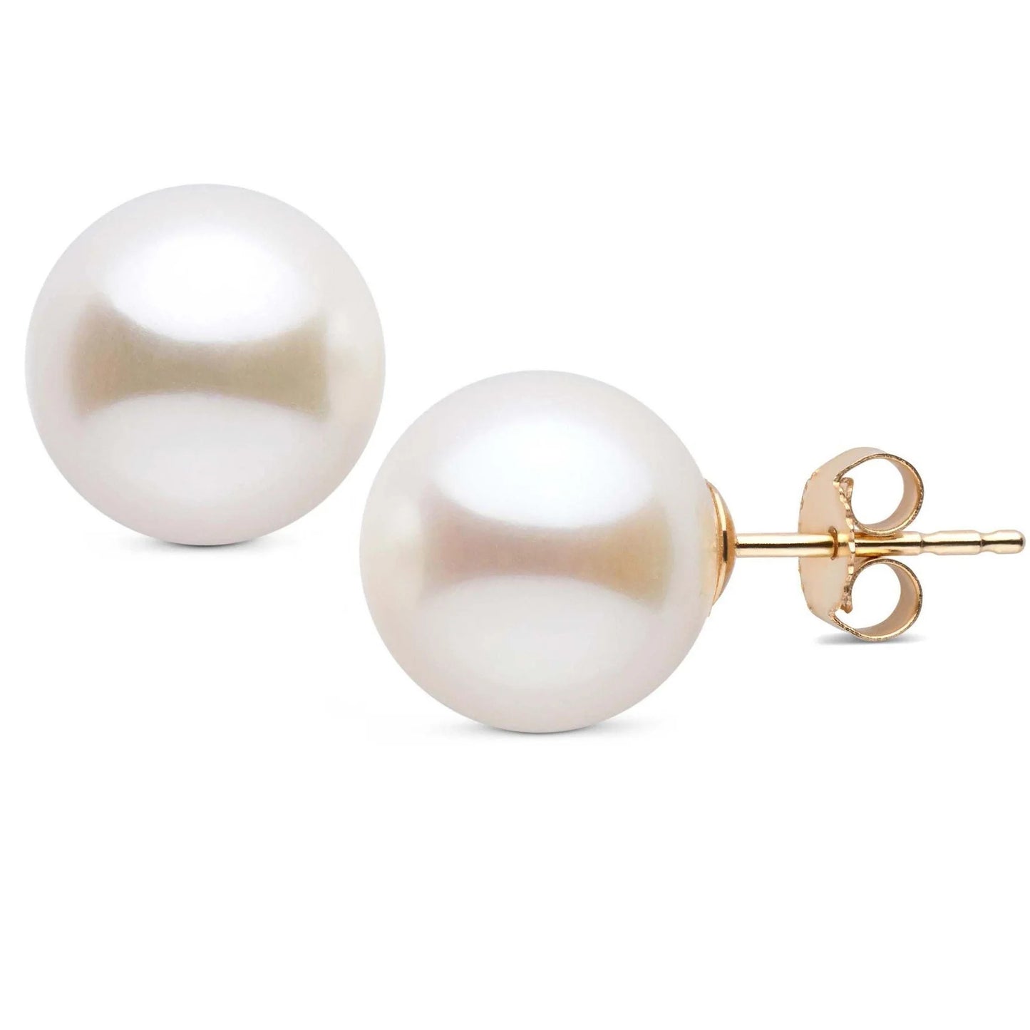 AAAA White Freshwater Round Pearl Stud Earrings 18K Gold