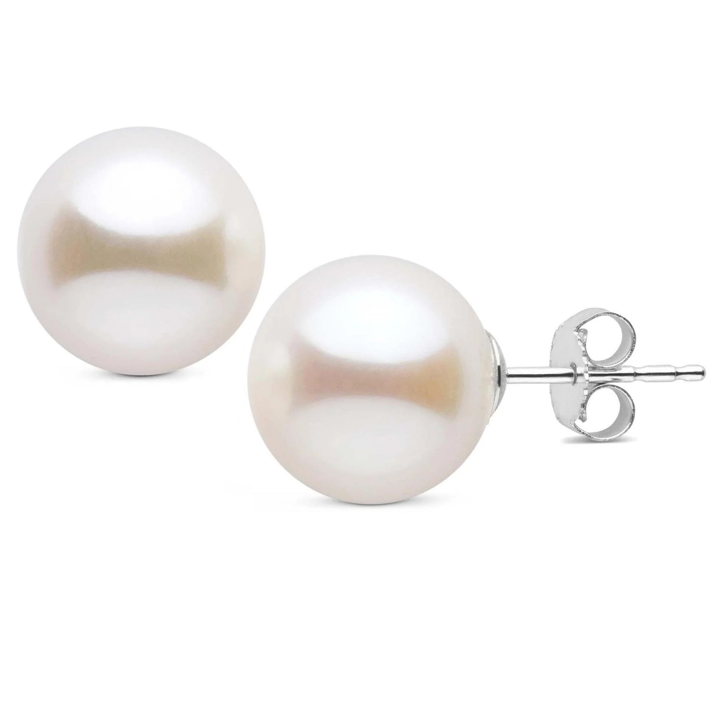 AAAA White Freshwater Round Pearl Stud Earrings 18K Gold