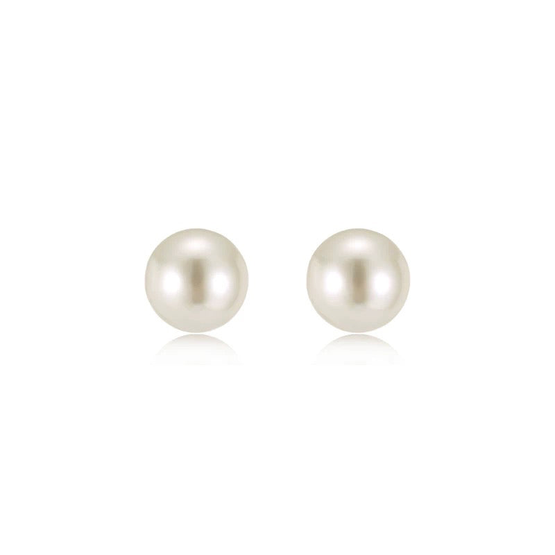 AAAA White Freshwater Round Pearl Stud Earrings 18K Gold