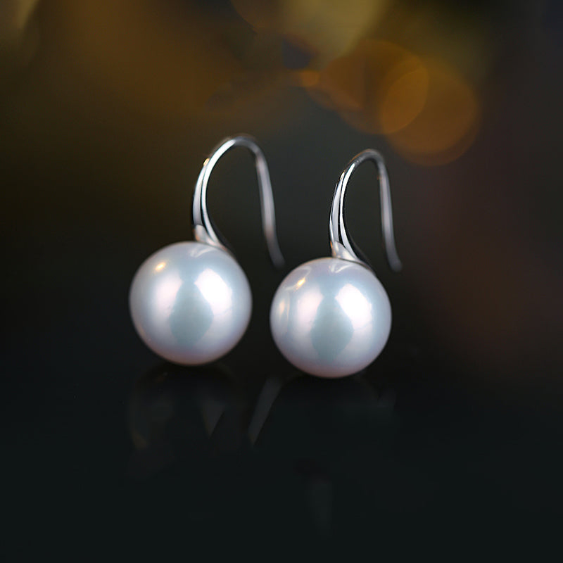 11-12mm White Freshwater Round Pearl Drop Earrings S925 Sterling Silver Hook