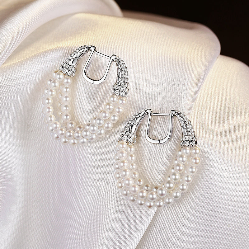 Triple Strand Pearl Hoop Earrings Crystal-Embellished