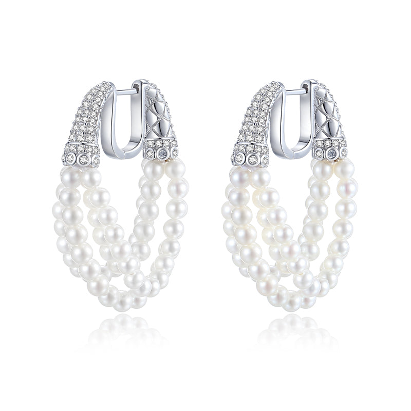 Triple Strand Pearl Hoop Earrings Crystal-Embellished