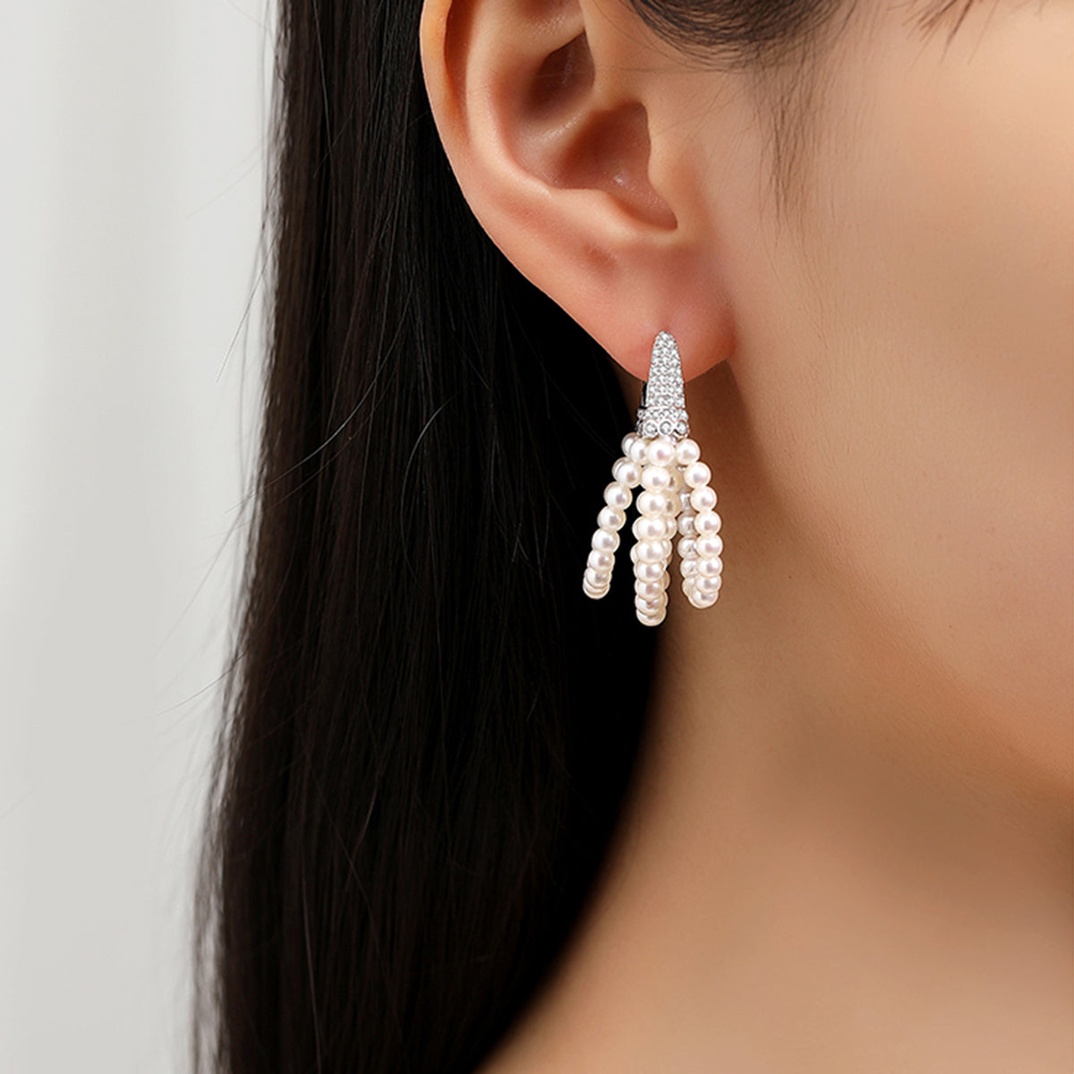 Triple Strand Pearl Hoop Earrings Crystal-Embellished