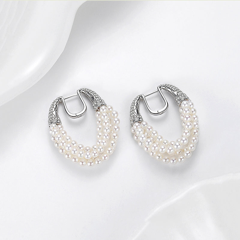 Triple Strand Pearl Hoop Earrings Crystal-Embellished