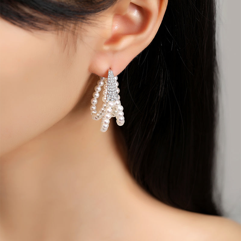 Triple Strand Pearl Hoop Earrings Crystal-Embellished