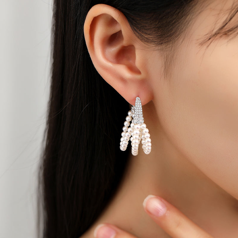 Triple Strand Pearl Hoop Earrings Crystal-Embellished