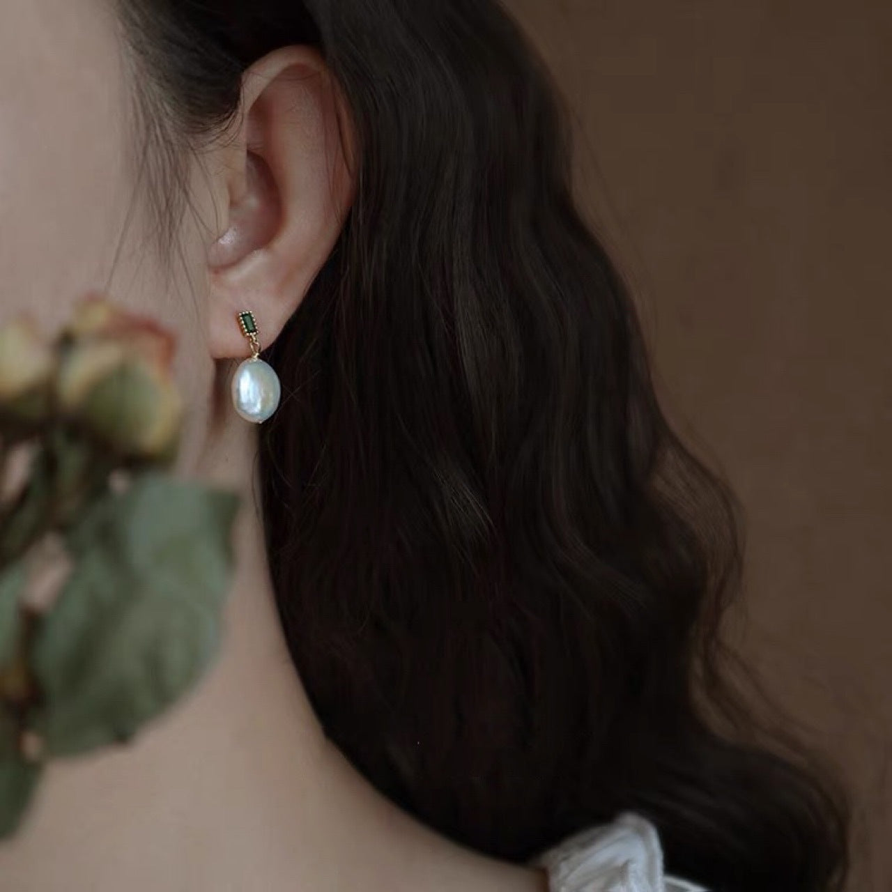 Baroque Freshwater Pearl Drop Earrings with Green Crystal Stud