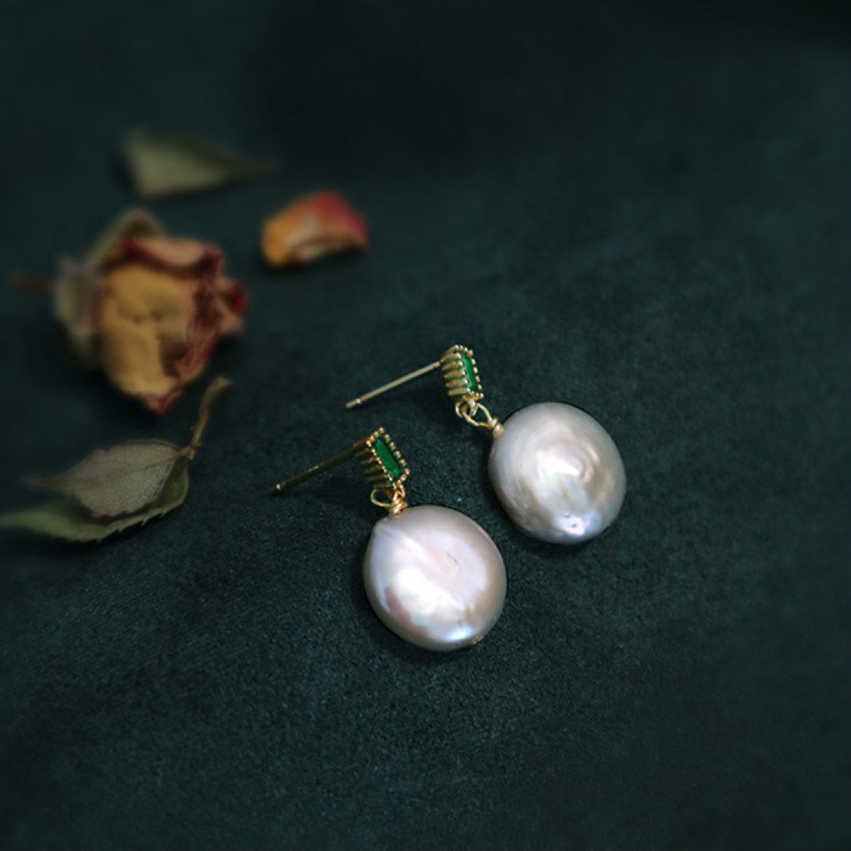 Baroque Freshwater Pearl Drop Earrings with Green Crystal Stud