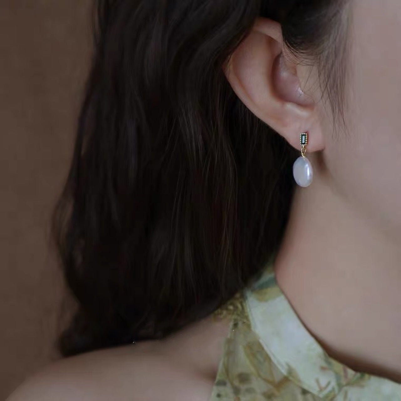 Baroque Freshwater Pearl Drop Earrings with Green Crystal Stud