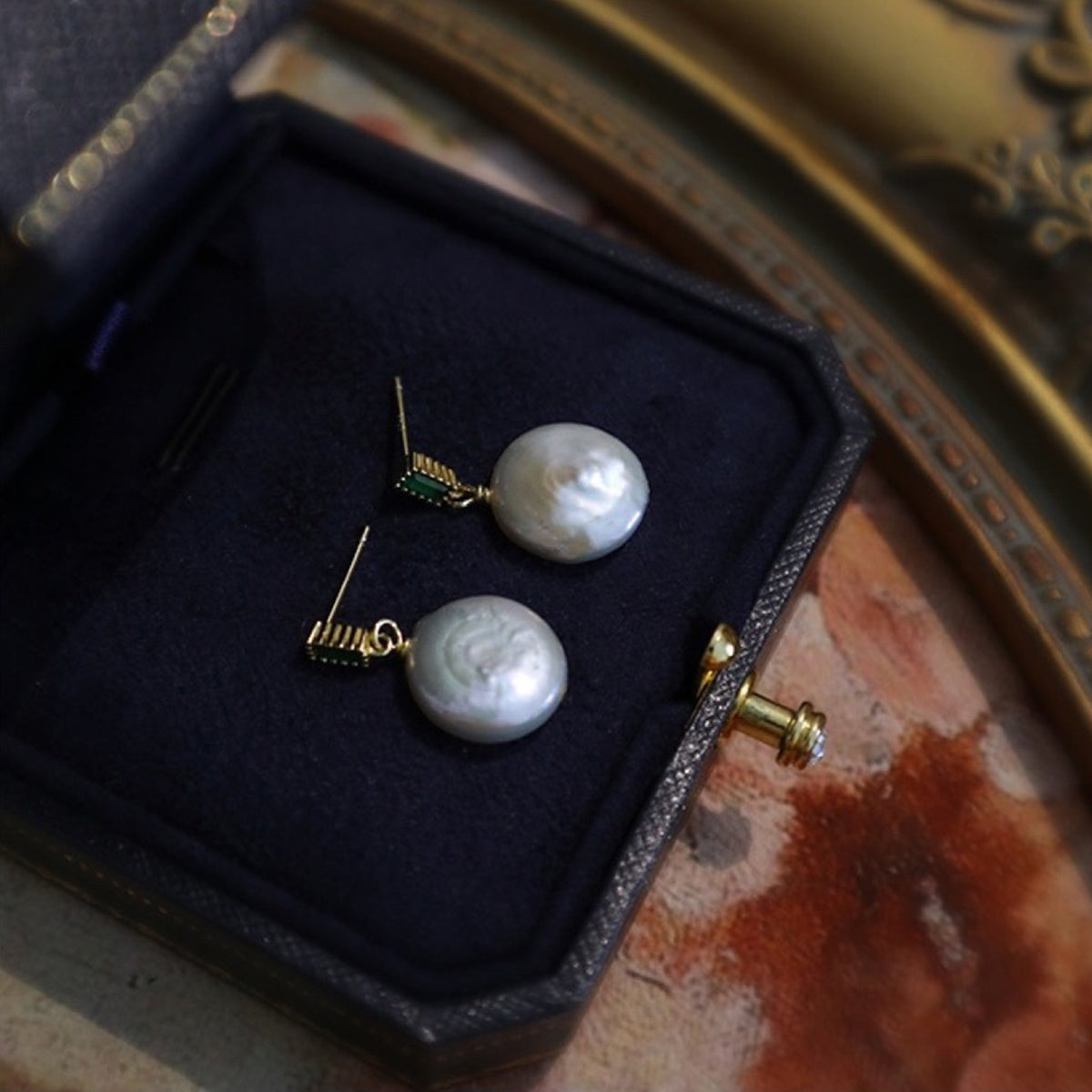 Baroque Freshwater Pearl Drop Earrings with Green Crystal Stud