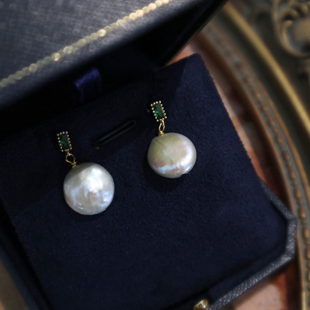 Baroque Freshwater Pearl Drop Earrings with Green Crystal Stud
