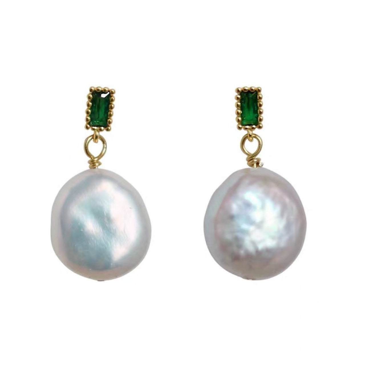 Baroque Freshwater Pearl Drop Earrings with Green Crystal Stud