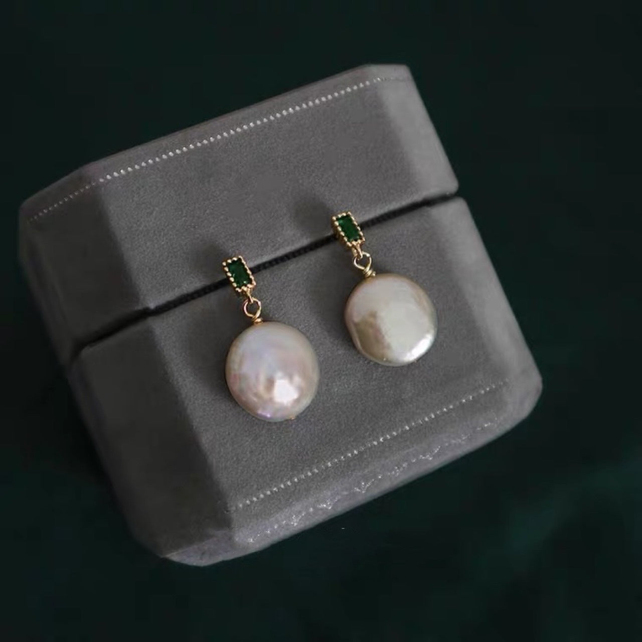 Baroque Freshwater Pearl Drop Earrings with Green Crystal Stud