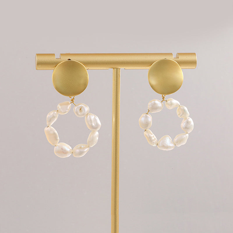 Baroque Pearl Hoop Drop Earrings Matte Gold Disc Studs