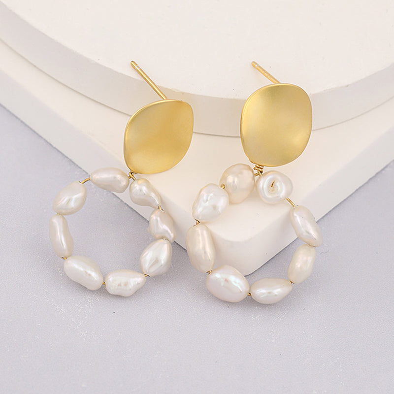 Baroque Pearl Hoop Drop Earrings Matte Gold Disc Studs