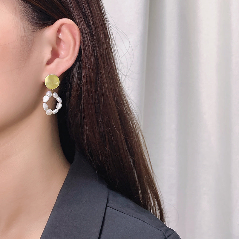 Baroque Pearl Hoop Drop Earrings Matte Gold Disc Studs