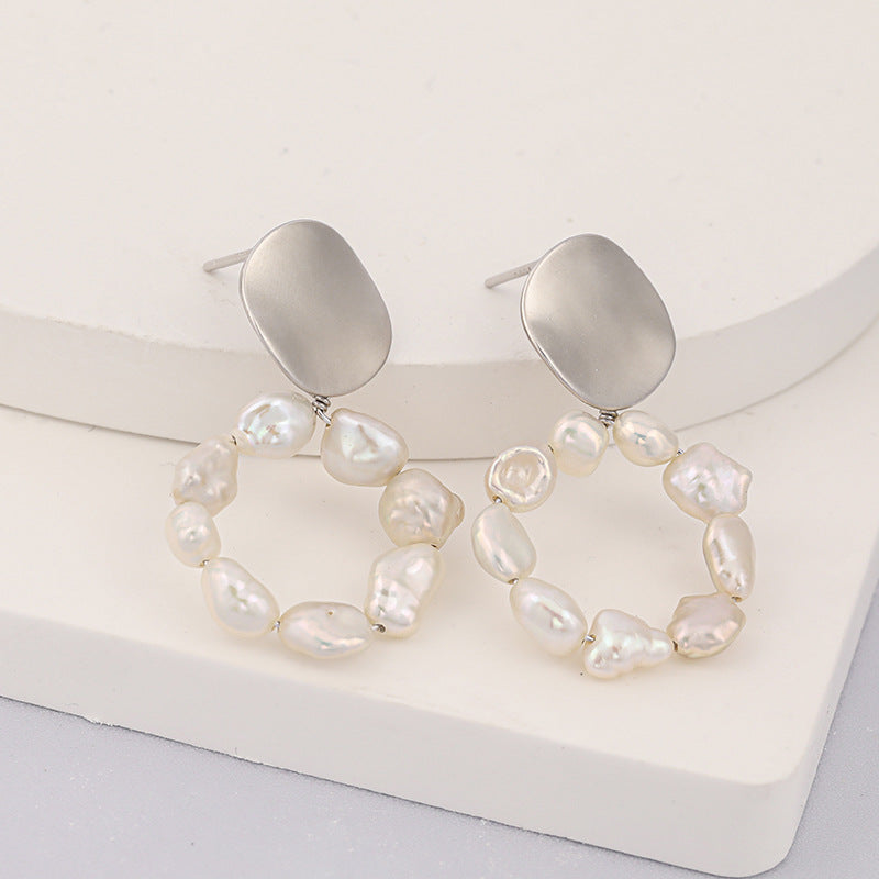 Baroque Pearl Hoop Drop Earrings Matte Gold Disc Studs