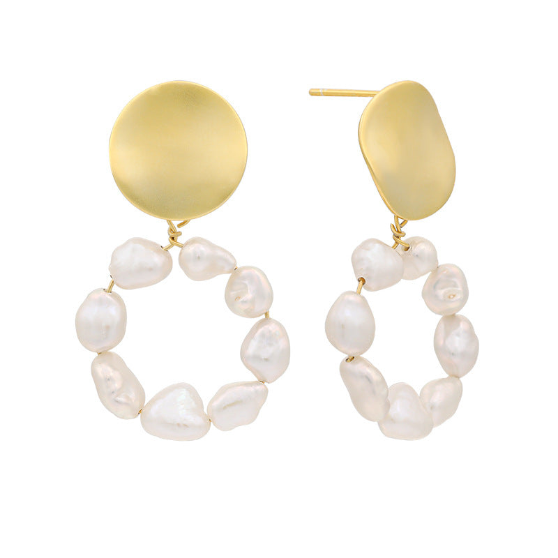 Baroque Pearl Hoop Drop Earrings Matte Gold Disc Studs