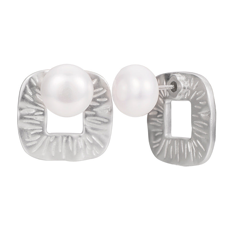 Modern Pearl Stud Earrings with Textured Silver Geometric Drop