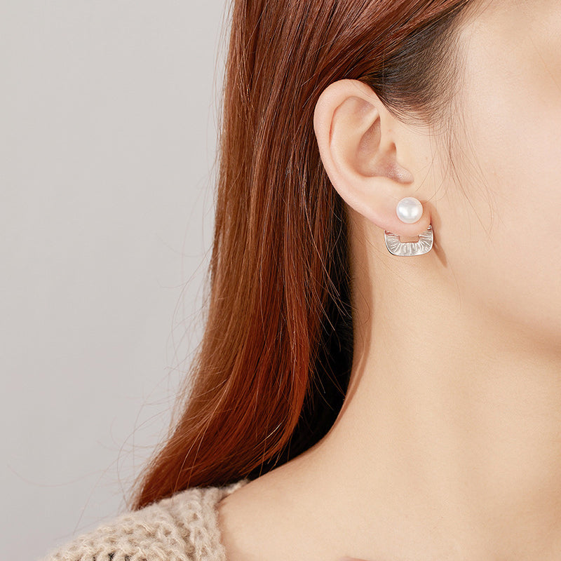 Modern Pearl Stud Earrings with Textured Silver Geometric Drop