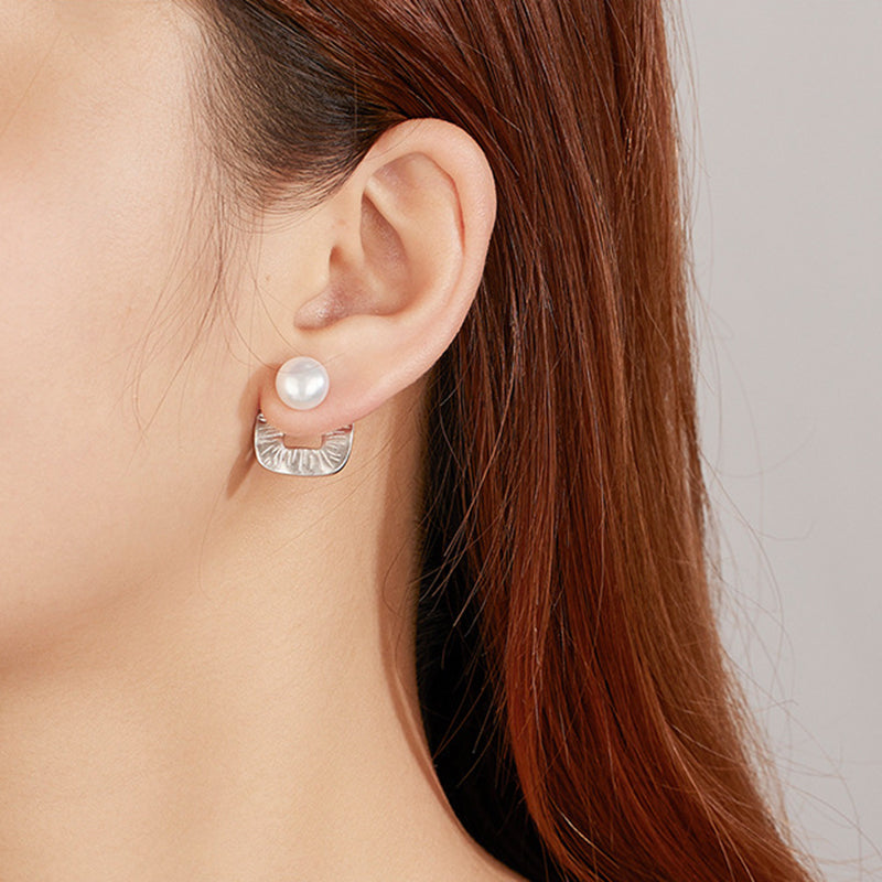 Modern Pearl Stud Earrings with Textured Silver Geometric Drop