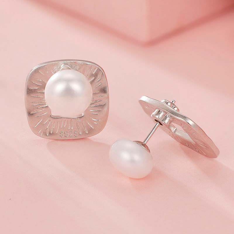 Modern Pearl Stud Earrings with Textured Silver Geometric Drop