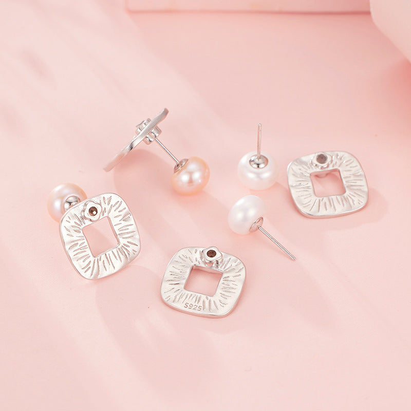 Modern Pearl Stud Earrings with Textured Silver Geometric Drop