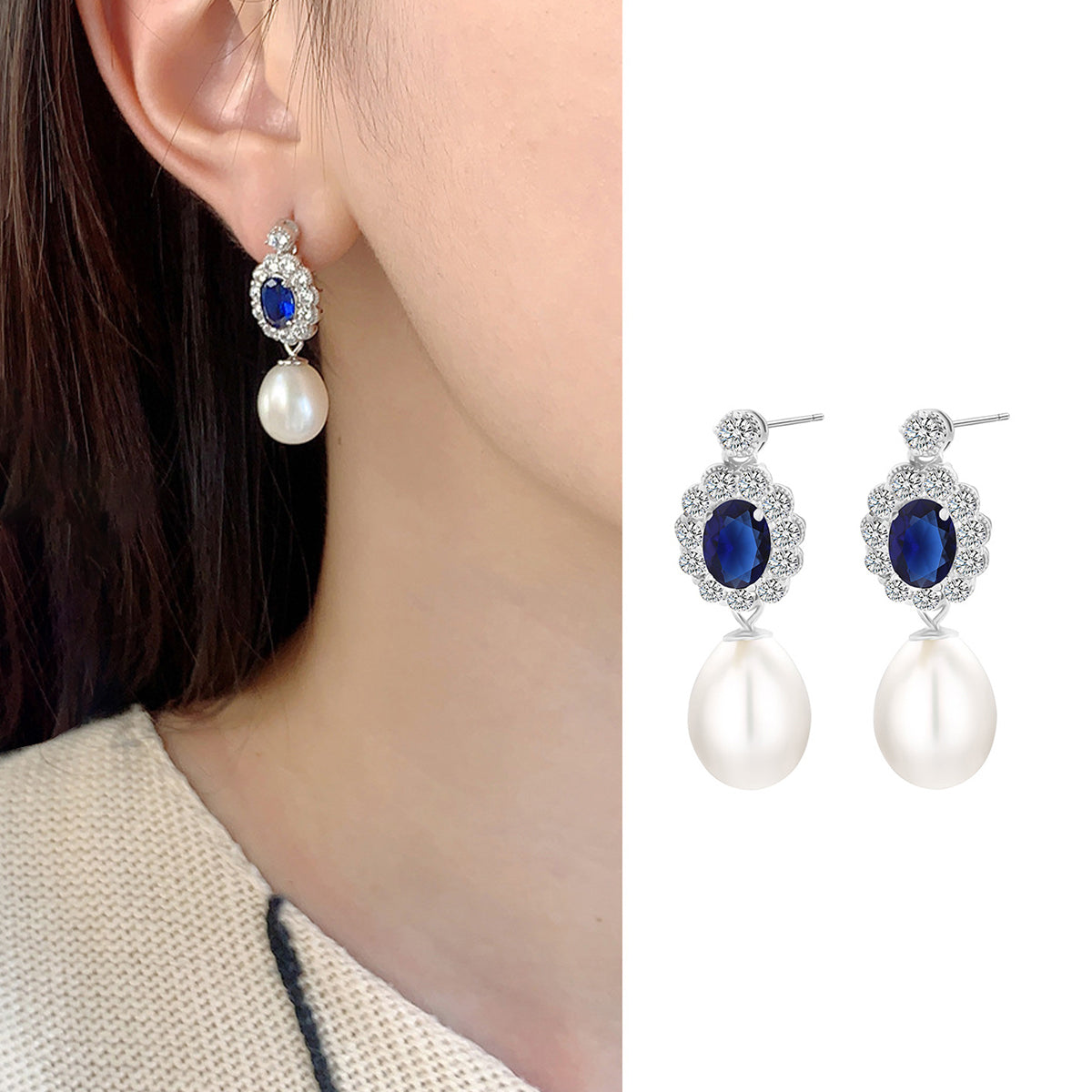 Teardrop Pearl Drop Earrings with Sapphire Crystal Halo S925 Sterling Silver