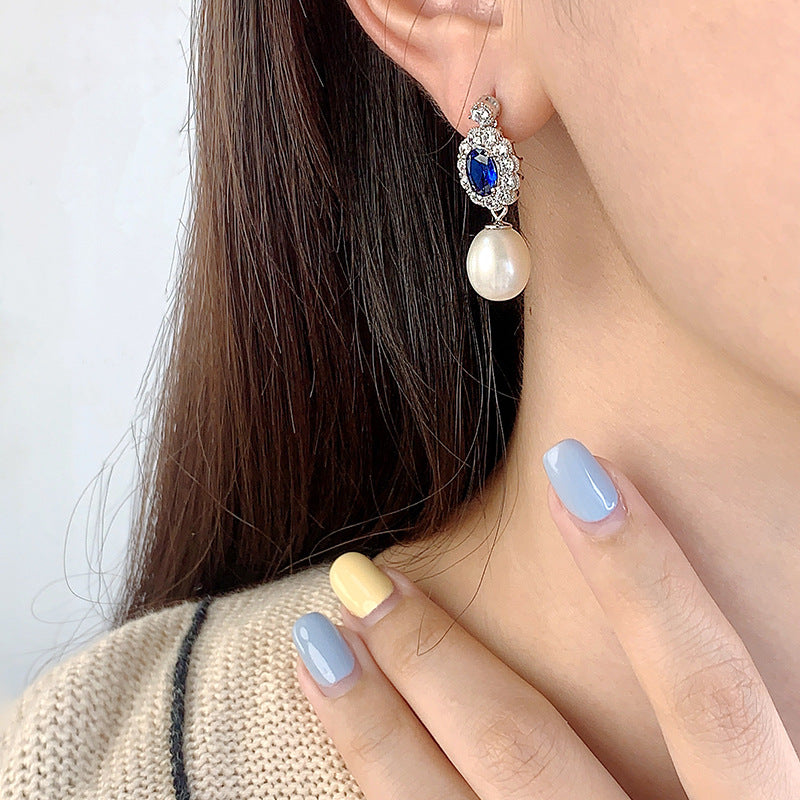 Teardrop Pearl Drop Earrings with Sapphire Crystal Halo S925 Sterling Silver