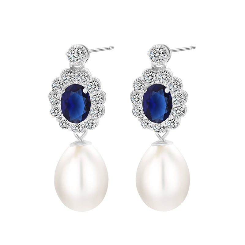 Teardrop Pearl Drop Earrings with Sapphire Crystal Halo S925 Sterling Silver