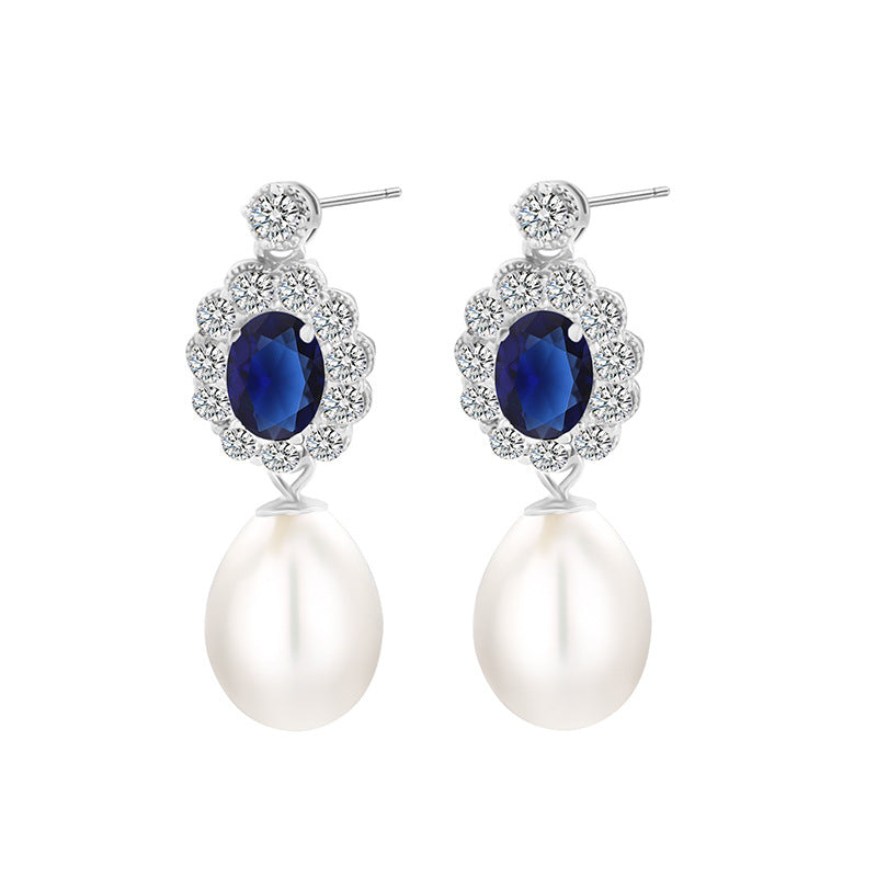Teardrop Pearl Drop Earrings with Sapphire Crystal Halo S925 Sterling Silver