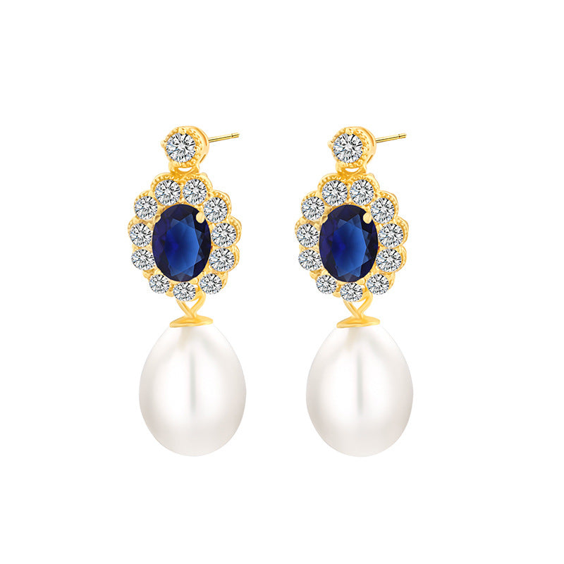 Teardrop Pearl Drop Earrings with Sapphire Crystal Halo S925 Sterling Silver
