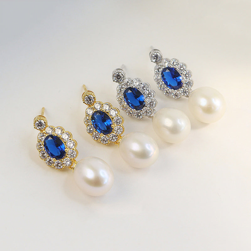 Teardrop Pearl Drop Earrings with Sapphire Crystal Halo S925 Sterling Silver