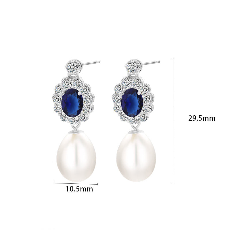 Teardrop Pearl Drop Earrings with Sapphire Crystal Halo S925 Sterling Silver