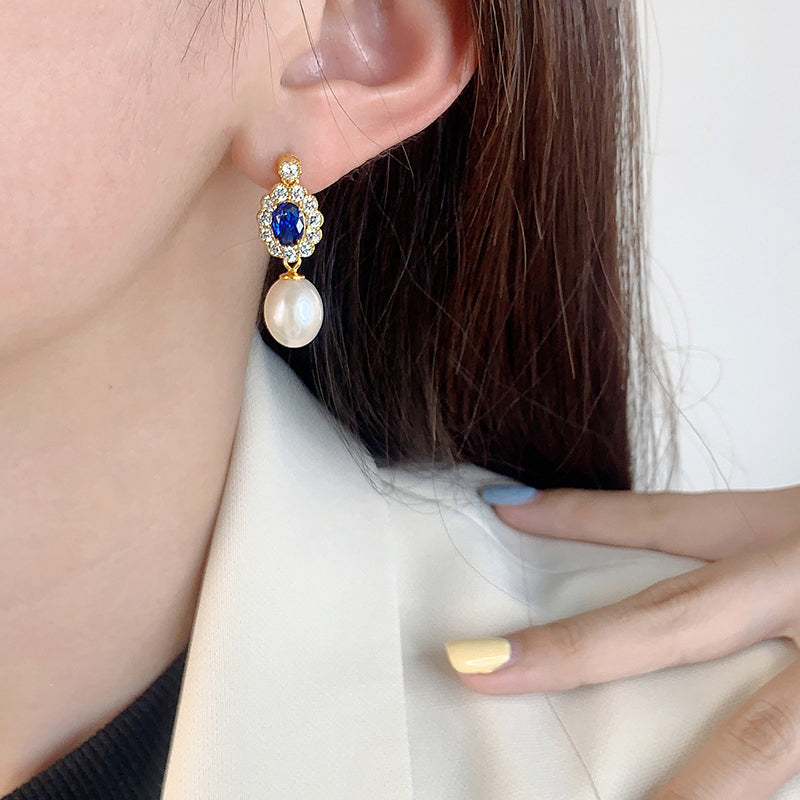 Teardrop Pearl Drop Earrings with Sapphire Crystal Halo S925 Sterling Silver