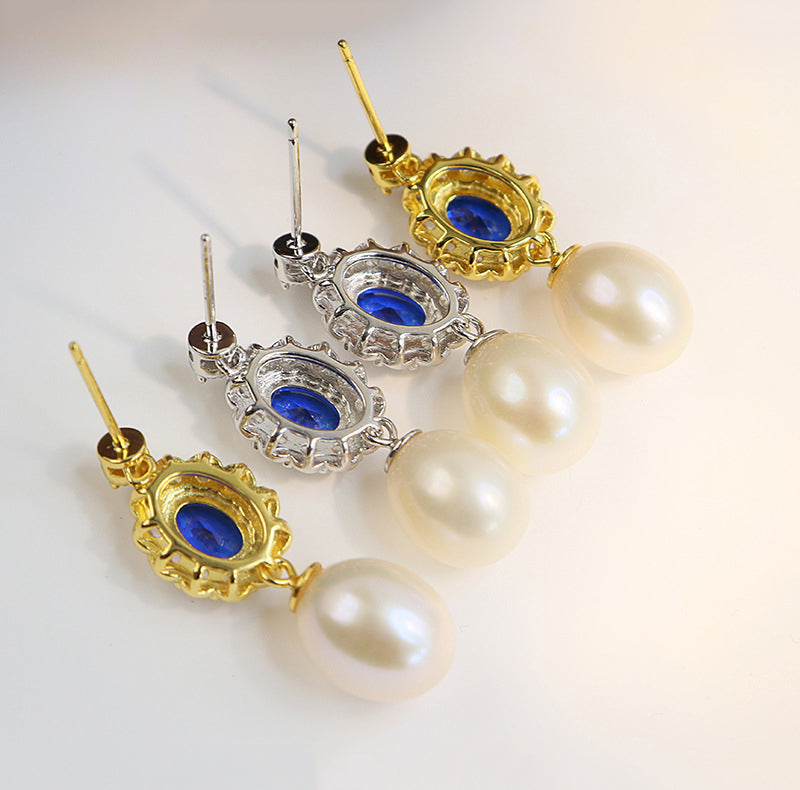Teardrop Pearl Drop Earrings with Sapphire Crystal Halo S925 Sterling Silver