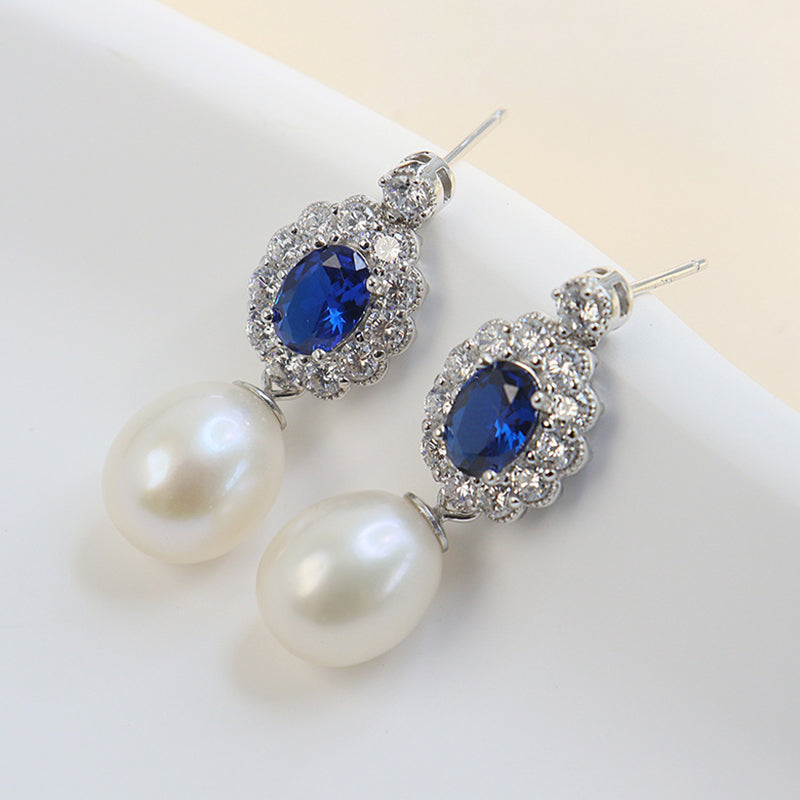 Teardrop Pearl Drop Earrings with Sapphire Crystal Halo S925 Sterling Silver