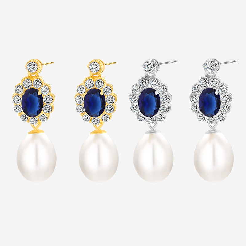 Teardrop Pearl Drop Earrings with Sapphire Crystal Halo S925 Sterling Silver