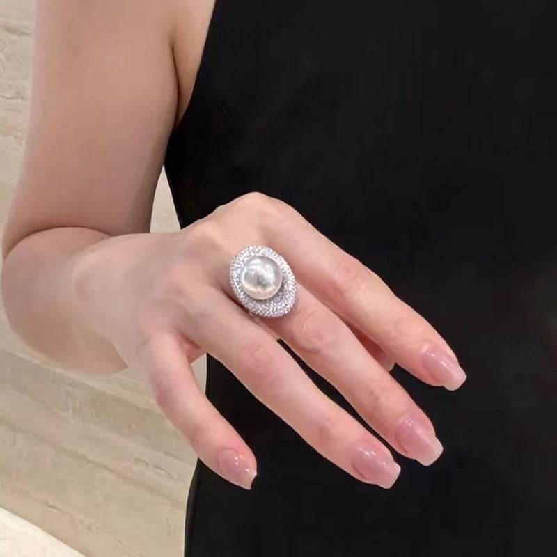 Statement 10-11mm White Freshwater Pearl Diamond Cocktail Ring