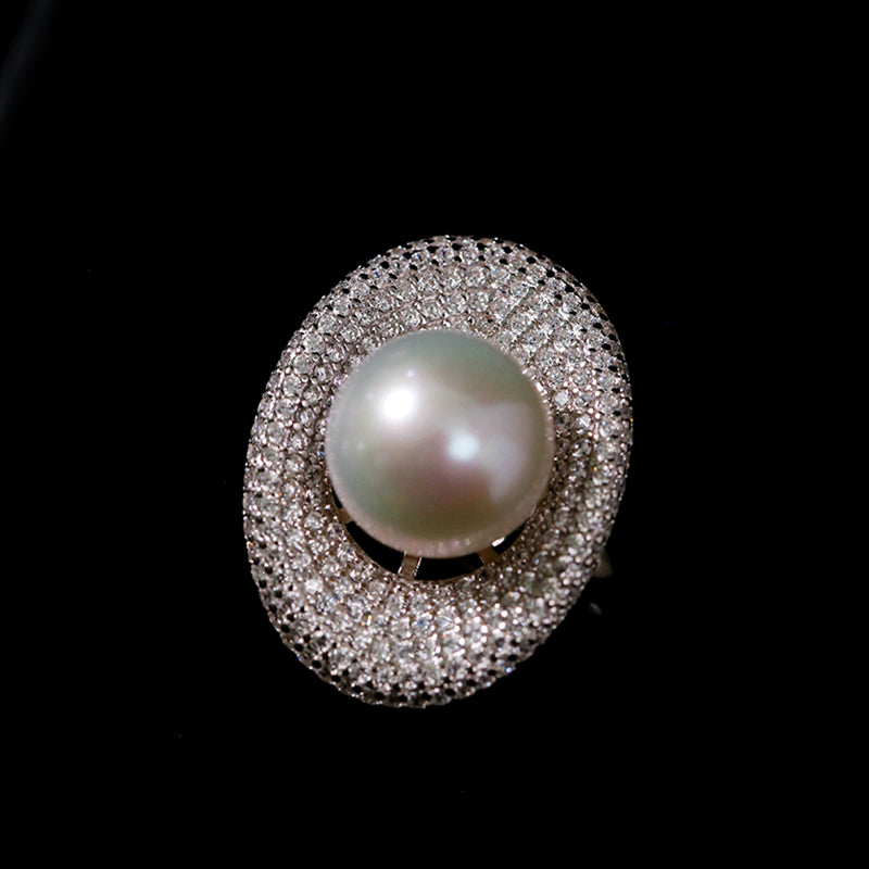 Statement 10-11mm White Freshwater Pearl Diamond Cocktail Ring