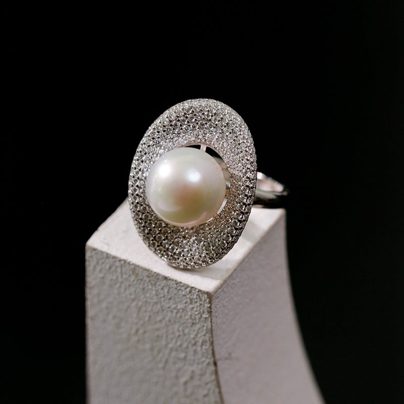 Statement 10-11mm White Freshwater Pearl Diamond Cocktail Ring