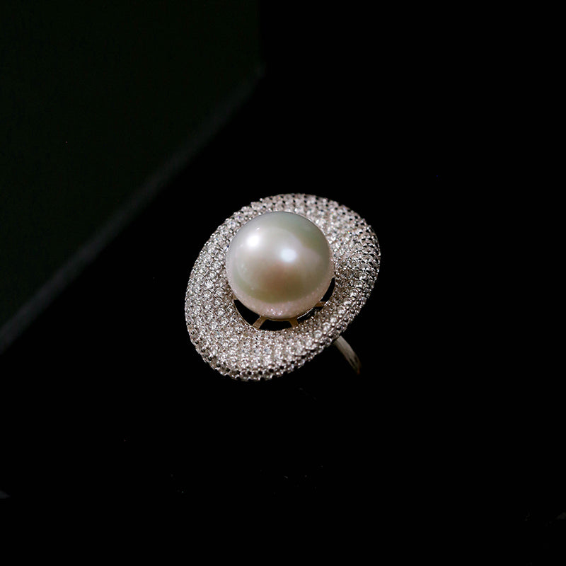 Statement 10-11mm White Freshwater Pearl Diamond Cocktail Ring