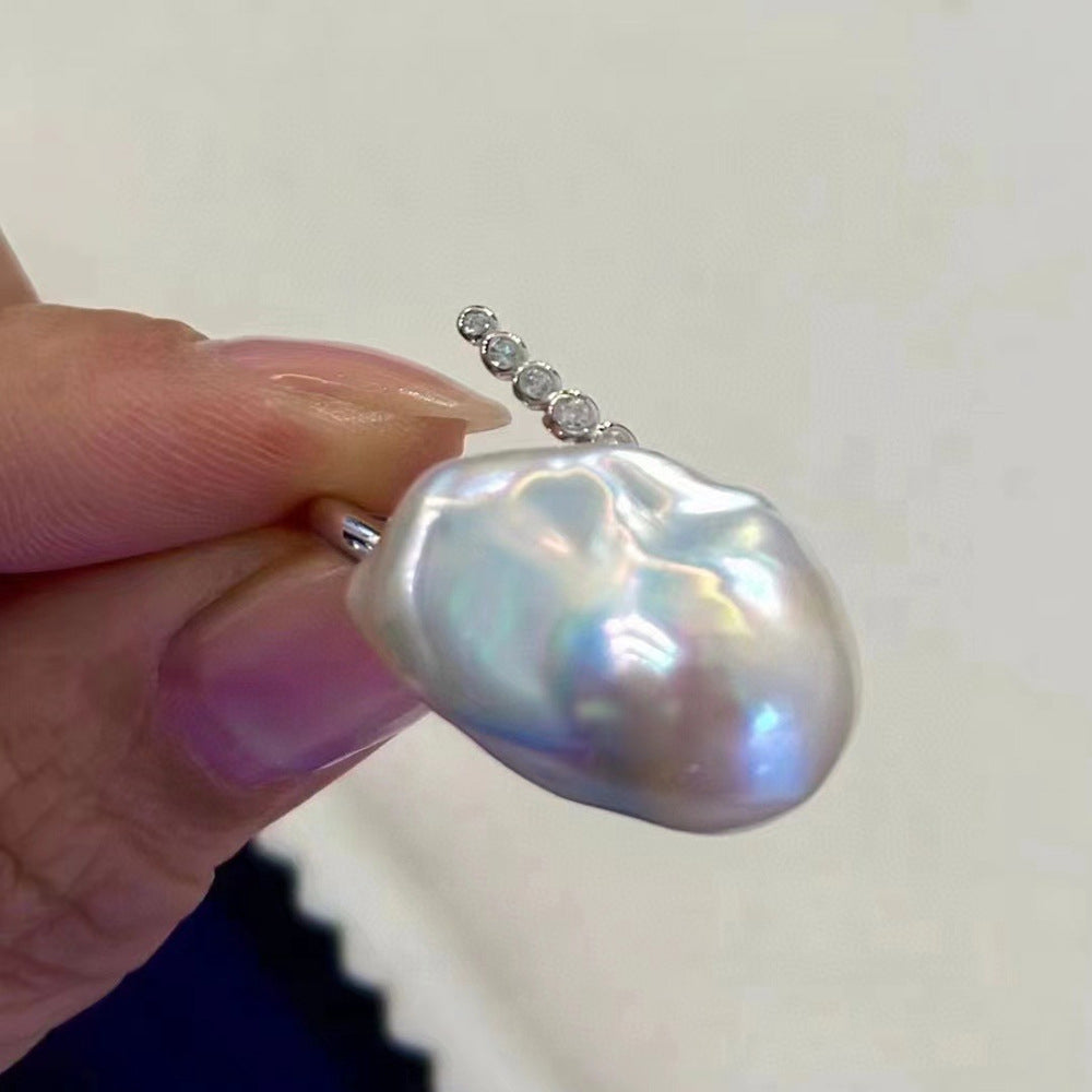 Baroque Pearl & Diamond Curve Ring S925 Sterling Silver Open Design