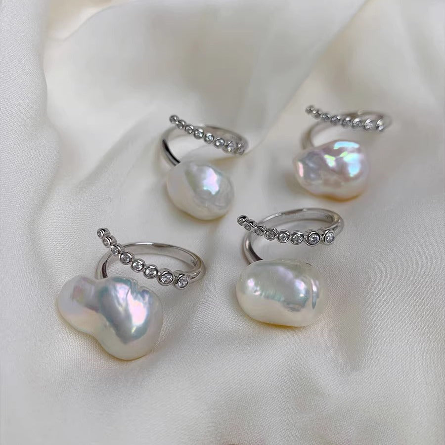 Baroque Pearl & Diamond Curve Ring S925 Sterling Silver Open Design