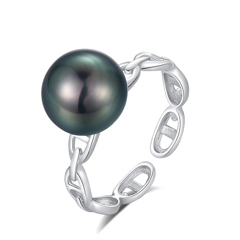 Black Freshwater Pearl Chain Band Ring S925 Sterling Silver Open Link