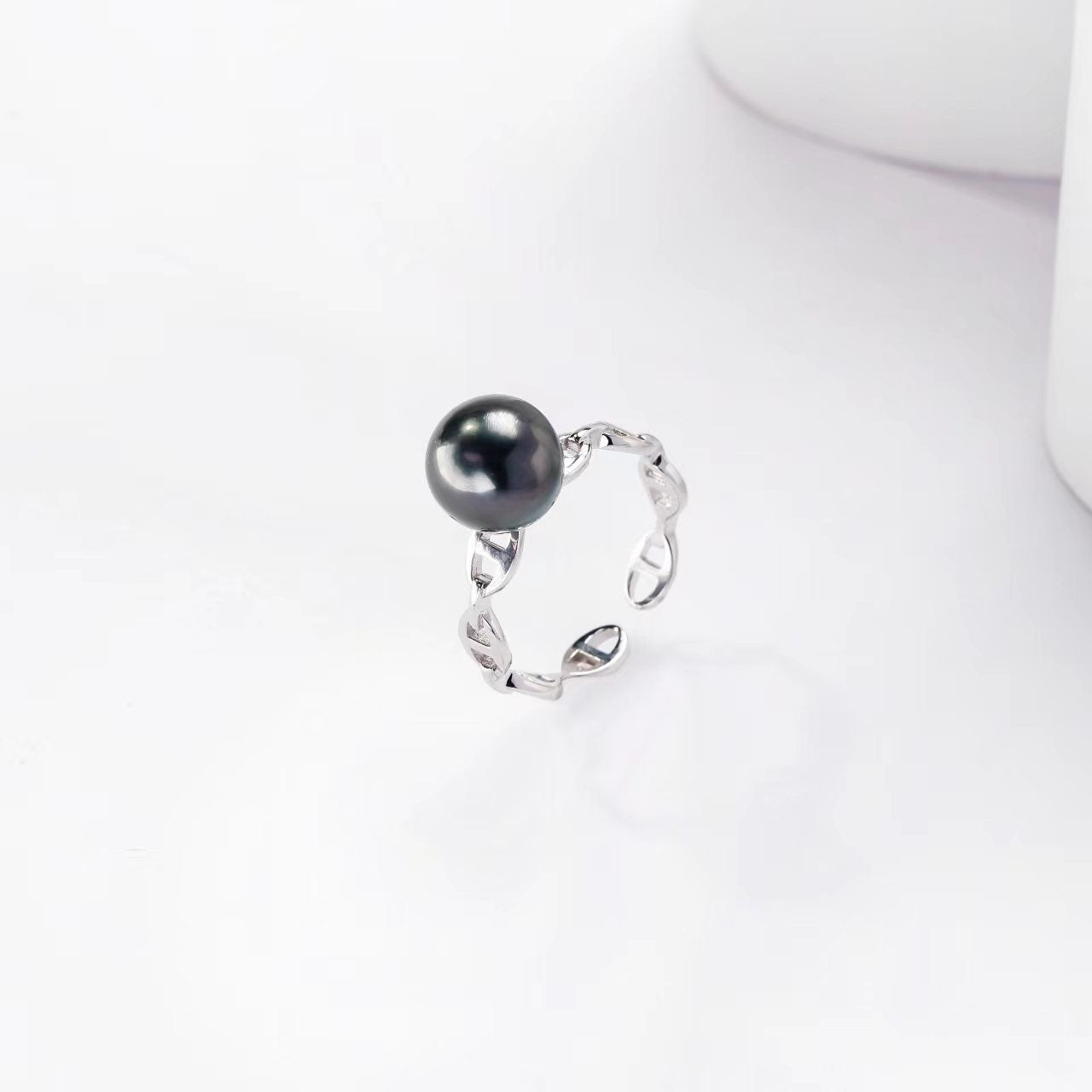 Black Freshwater Pearl Chain Band Ring S925 Sterling Silver Open Link