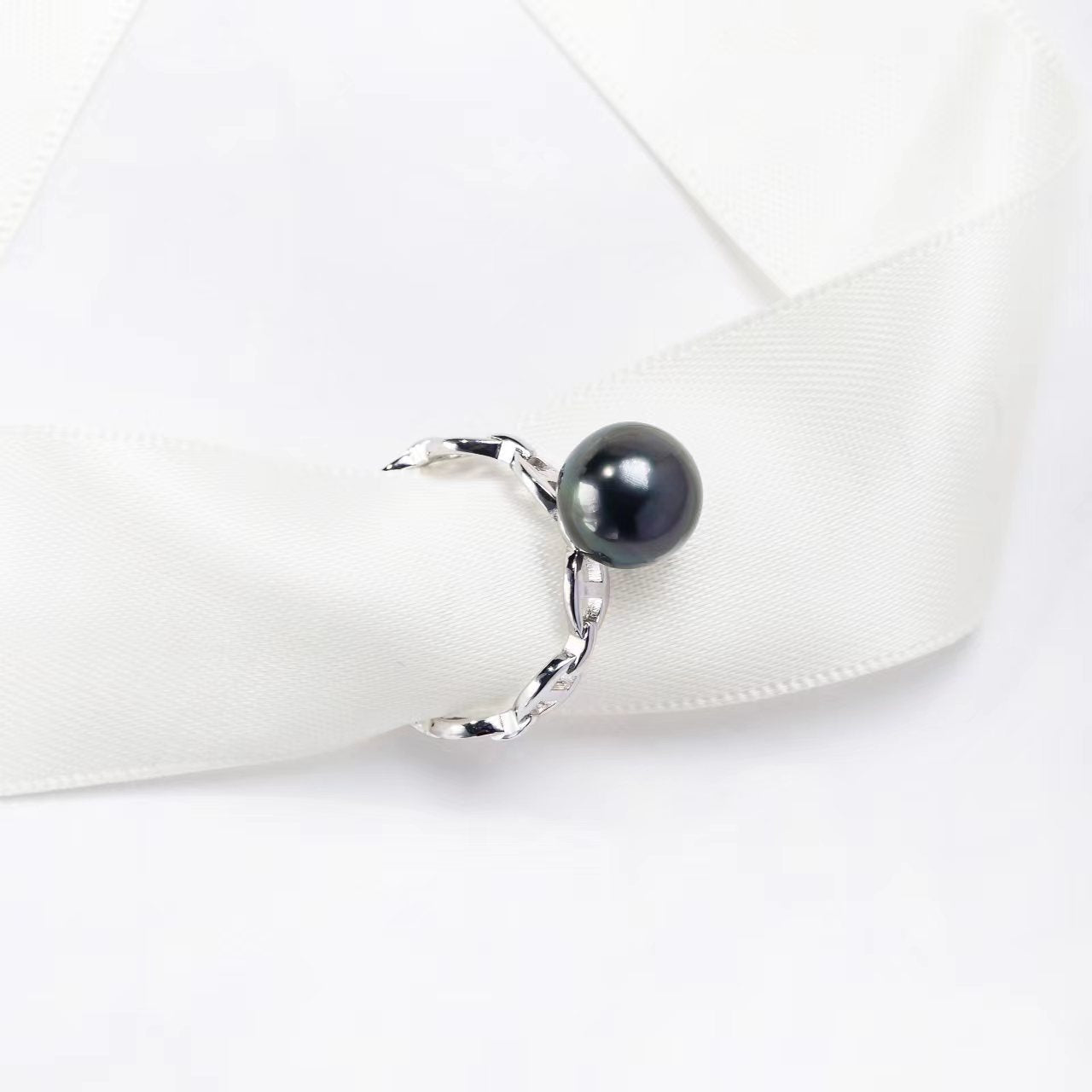 Black Freshwater Pearl Chain Band Ring S925 Sterling Silver Open Link