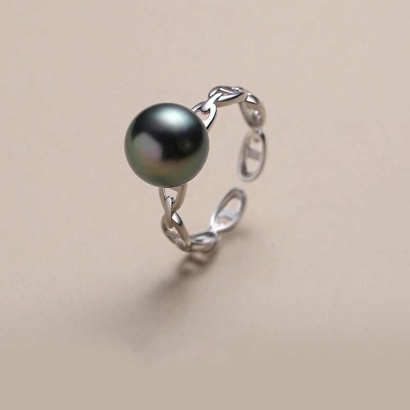 Black Freshwater Pearl Chain Band Ring S925 Sterling Silver Open Link