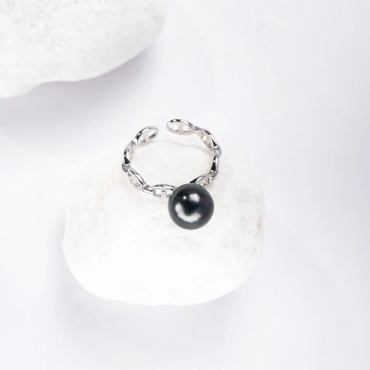 Black Freshwater Pearl Chain Band Ring S925 Sterling Silver Open Link