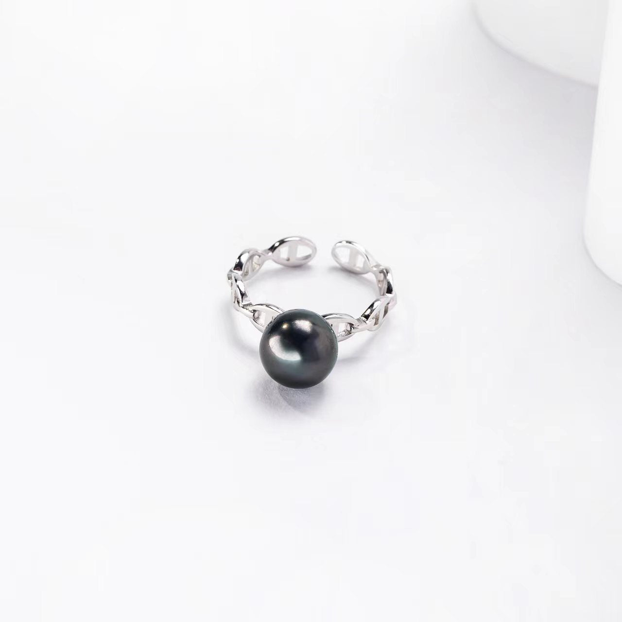 Black Freshwater Pearl Chain Band Ring S925 Sterling Silver Open Link